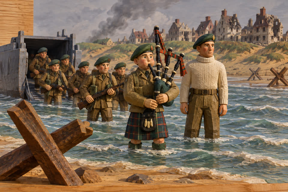 The scene in a wooden toy style